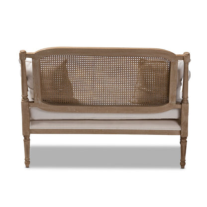 Clemence French Provincial Ivory Fabric Upholstered Whitewashed Wood Loveseat