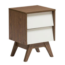 White Mid-Century Modern Nightstand with Walnut Finish and Storage