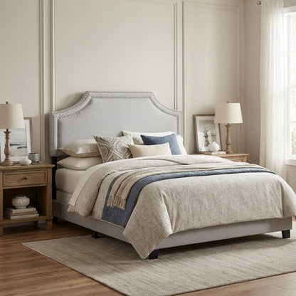Grayish Beige Upholstered Headboard, Foam Padding, MDF Frame for Full Size Bed