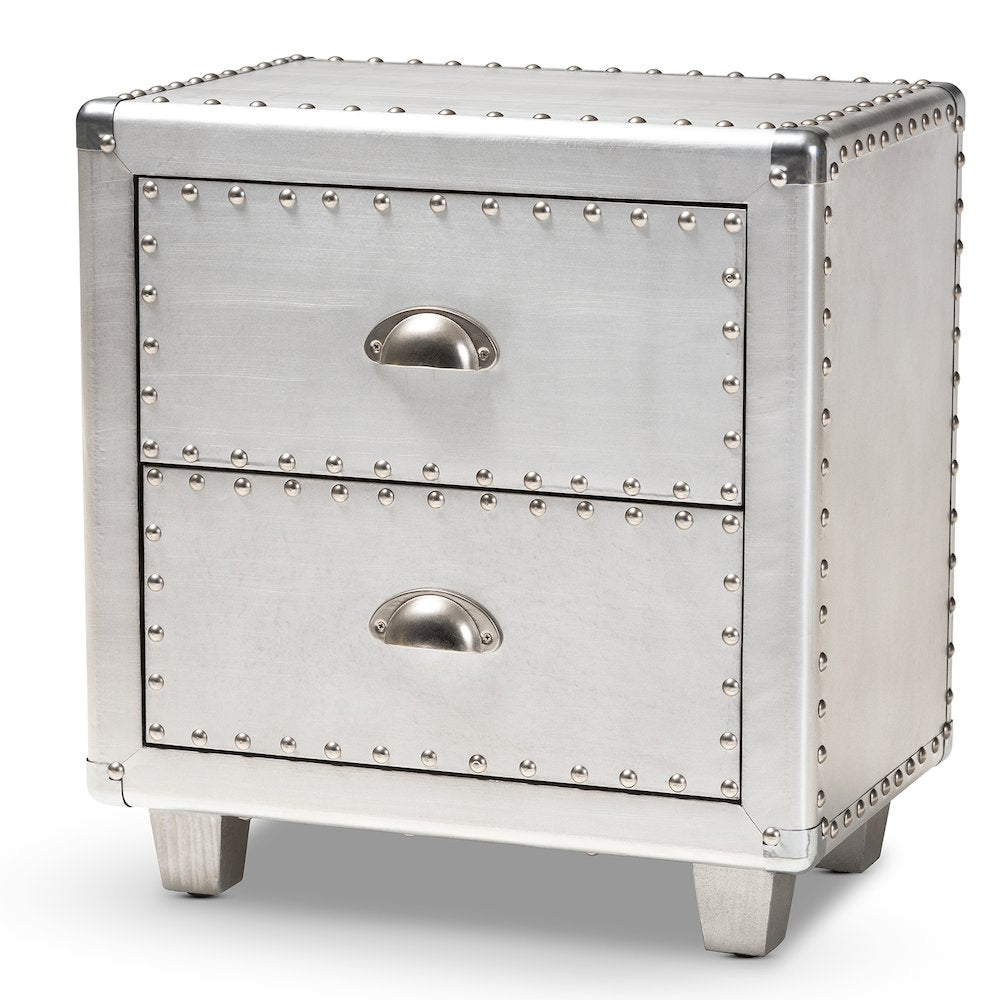 Davet French Industrial Silver Metal 2-Drawer End Table