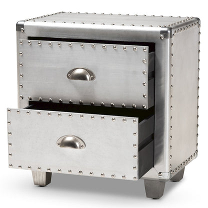 Davet French Industrial Silver Metal 2-Drawer End Table