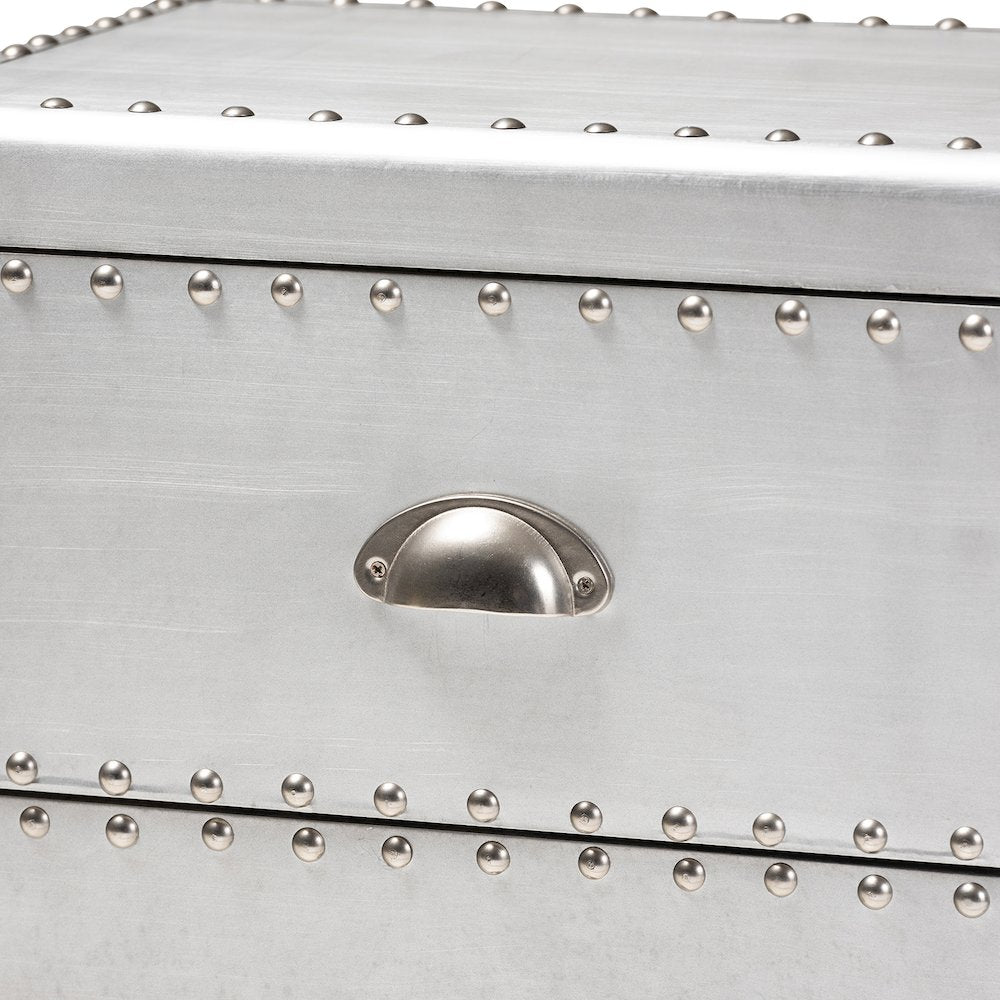 Davet French Industrial Silver Metal 2-Drawer End Table