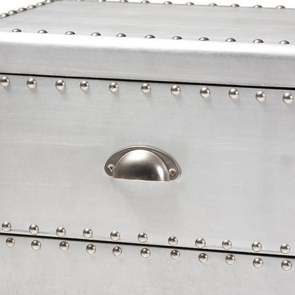 Davet French Industrial Silver Metal 2-Drawer End Table