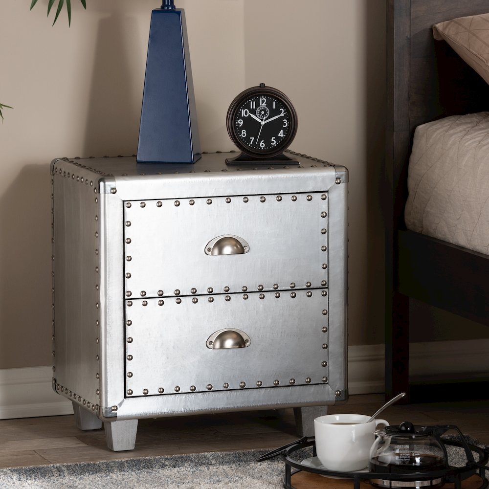 Davet French Industrial Silver Metal 2-Drawer End Table