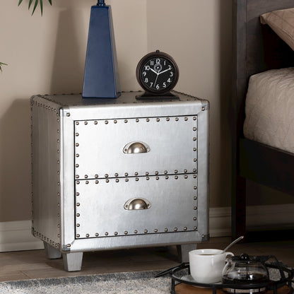Davet French Industrial Silver Metal 2-Drawer End Table