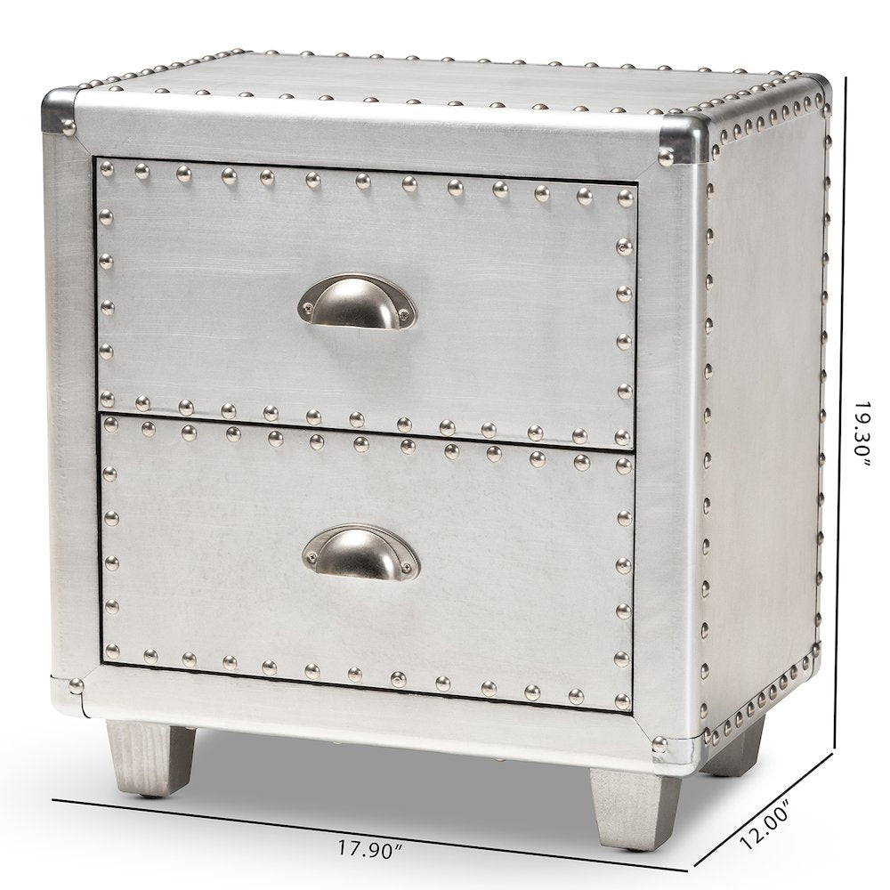 Davet French Industrial Silver Metal 2-Drawer End Table