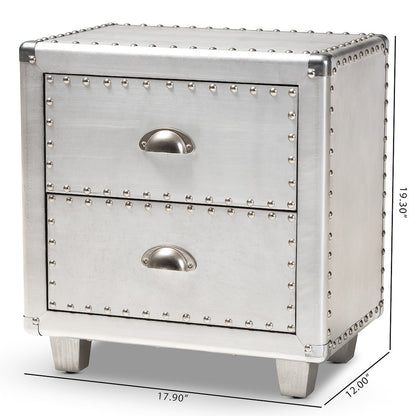 Davet French Industrial Silver Metal 2-Drawer End Table