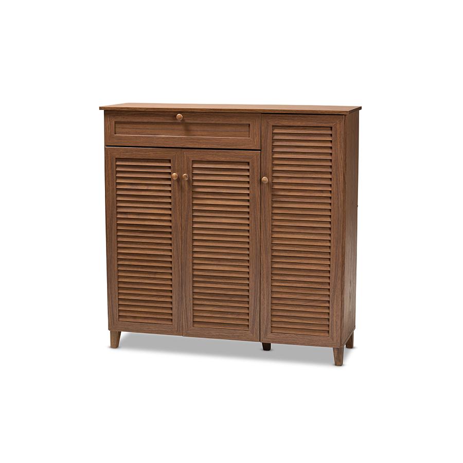 Contemporary Walnut Finish Shoe Storage Cabinet with 11 Shelves and Drawer