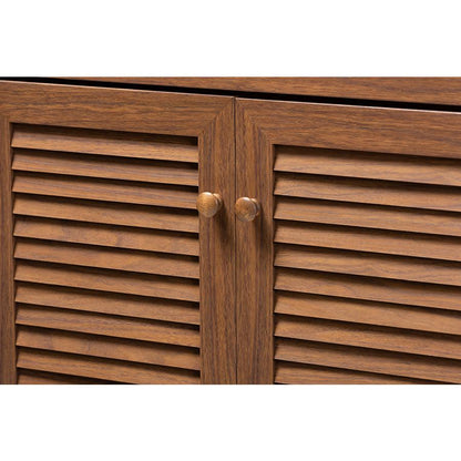 Contemporary Walnut Finish Shoe Storage Cabinet with 11 Shelves and Drawer