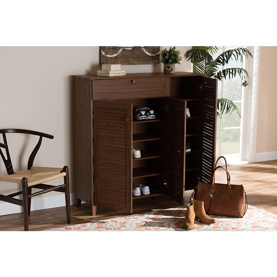 Contemporary Walnut Finish Shoe Storage Cabinet with 11 Shelves and Drawer