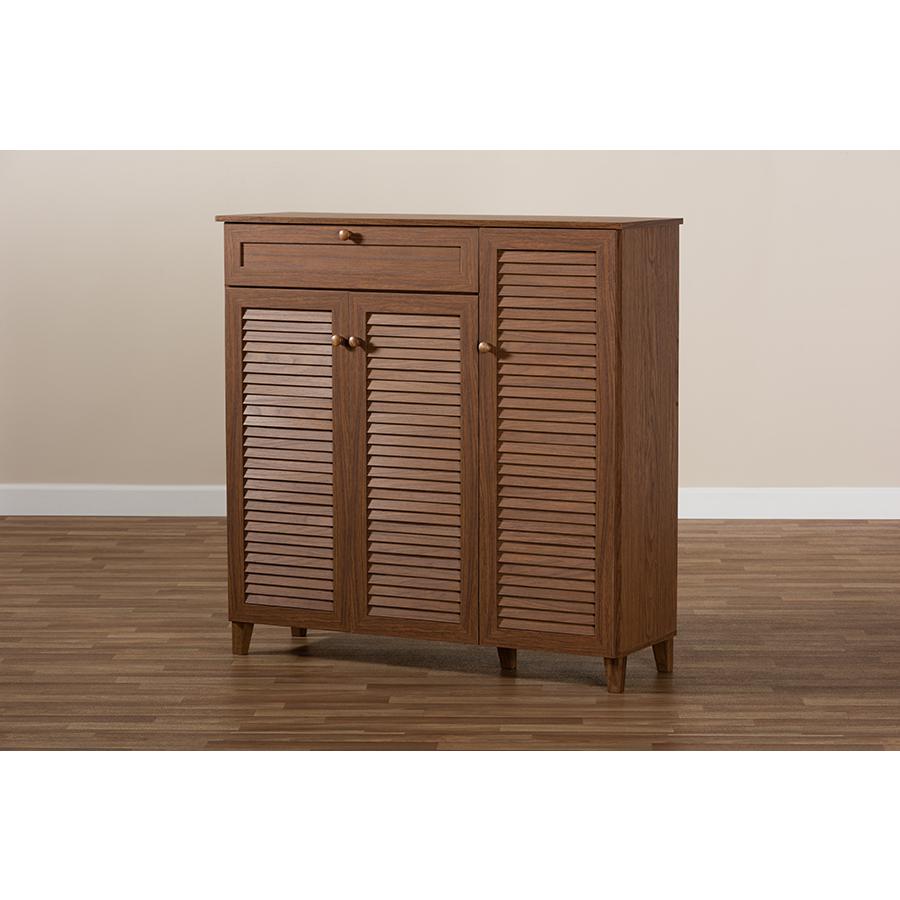 Contemporary Walnut Finish Shoe Storage Cabinet with 11 Shelves and Drawer