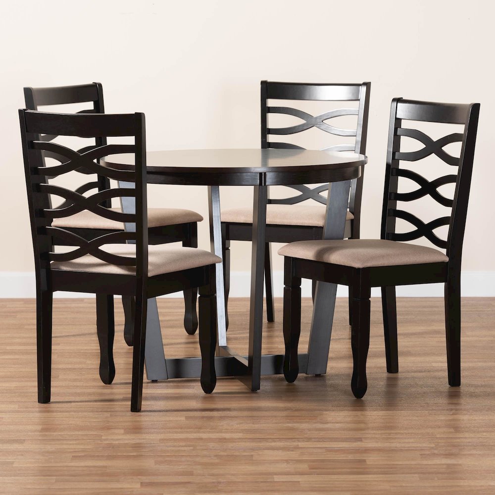 Leda Modern Sand Fabric and Dark Brown Finished Wood 5-Piece Dining Set