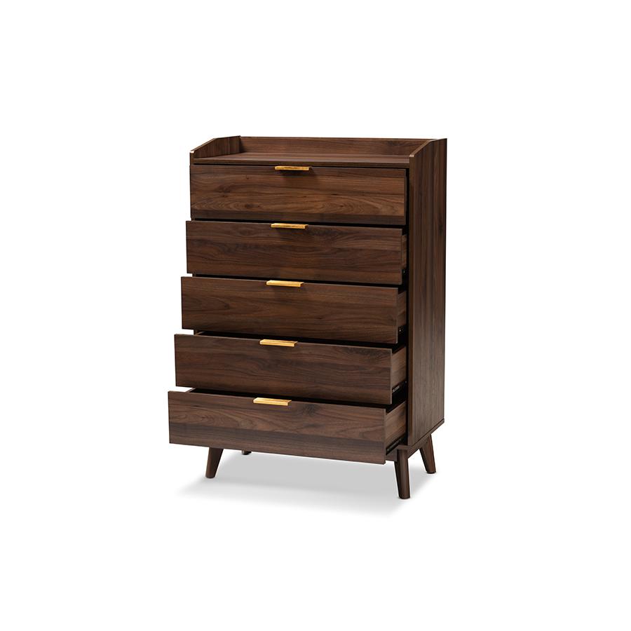 Baxton Studio Lena Mid-Century Modern Walnut Brown Finished 5-Drawer Wood Chest