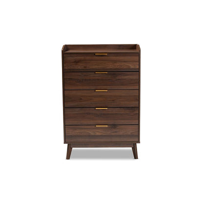 Baxton Studio Lena Mid-Century Modern Walnut Brown Finished 5-Drawer Wood Chest