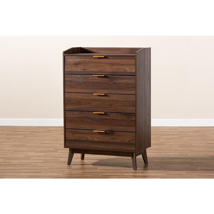Baxton Studio Lena Mid-Century Modern Walnut Brown Finished 5-Drawer Wood Chest