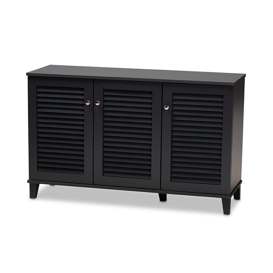 Dark Grey shoe storage cabinet with 8 shelves and engineered wood construction