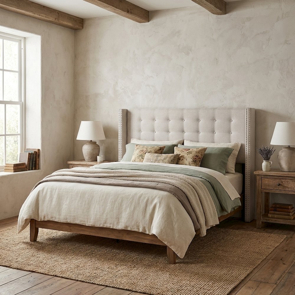 Greyish Beige Fabric King Size Headboard, Button-Tufted Nailhead Winged Design