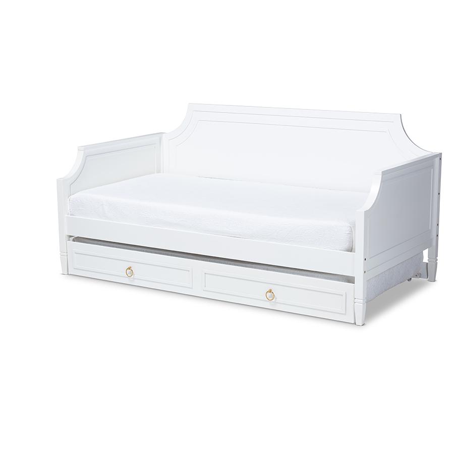 Traditional White Twin Daybed with Trundle, Pinewood Frame, Stylish Design