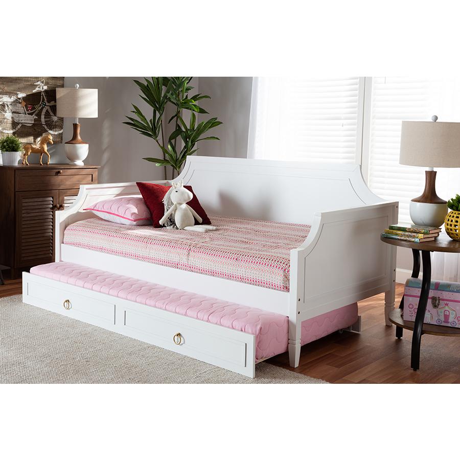Traditional White Twin Daybed with Trundle, Pinewood Frame, Stylish Design