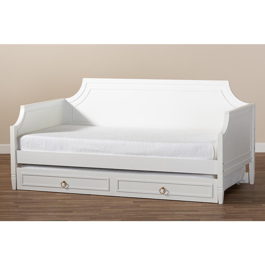 Traditional White Twin Daybed with Trundle, Pinewood Frame, Stylish Design