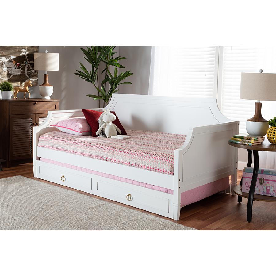 Traditional White Twin Daybed with Trundle, Pinewood Frame, Stylish Design