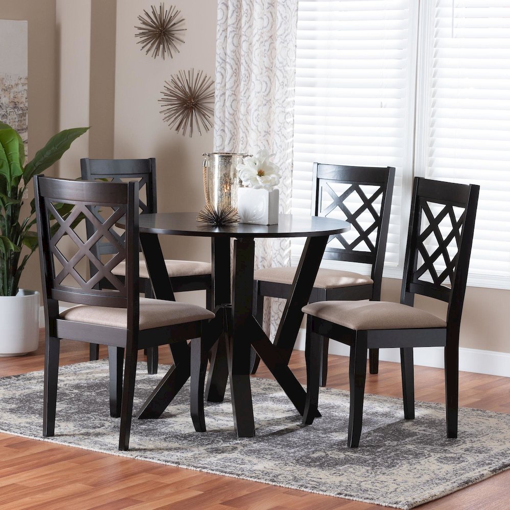 Adina Modern Sand Fabric and Dark Brown Wood 5-Piece Dining Set