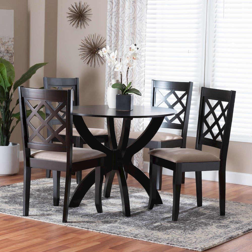 Savina Modern Sand Fabric and Dark Brown Wood 5-Piece Dining Set
