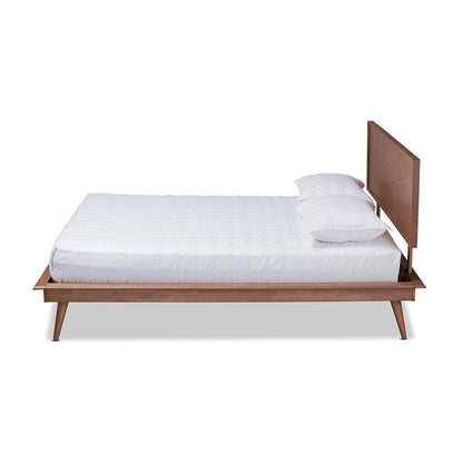 Mid-Century Full Size Platform Bed with Walnut Finish and Rubberwood Frame
