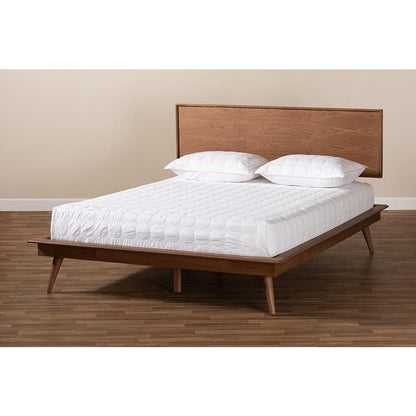 Mid-Century Full Size Platform Bed with Walnut Finish and Rubberwood Frame