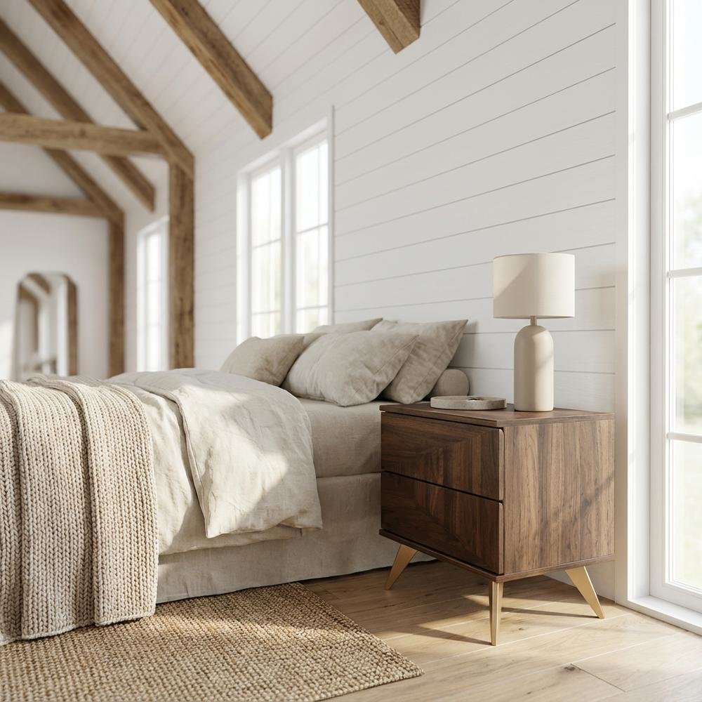 Walnut Brown Finished Wood Nightstand with 2 Drawers and Mid-Century Style
