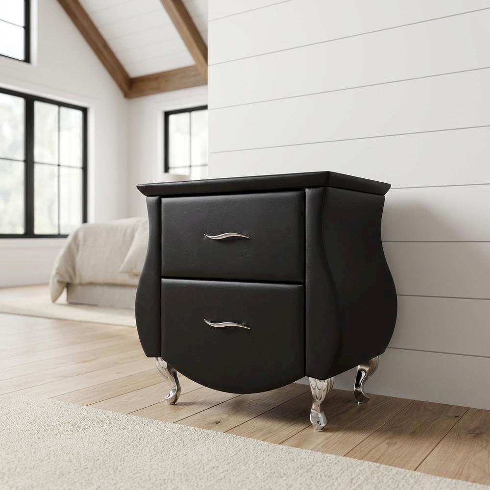 Contemporary Black Faux Leather Nightstand with Hardwood Base