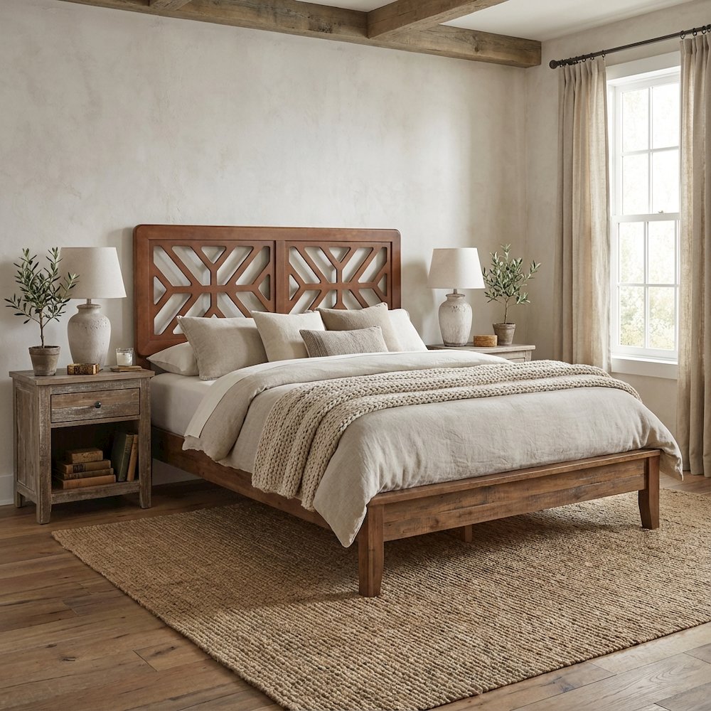 Wood Geometric Cutout Headboard in Walnut Brown with Adjustable Legs