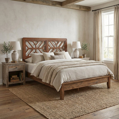 Wood Geometric Cutout Headboard in Walnut Brown with Adjustable Legs