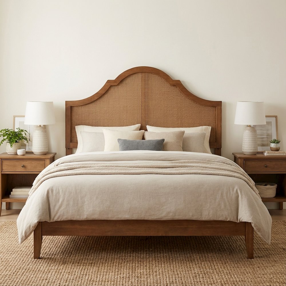 Rubber Wood Headboard in Ash Walnut Finish with Synthetic Rattan Panel