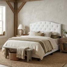 White Faux Leather Queen Headboard, Button-Tufted, Scalloped Design Hardwood