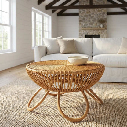 Genuine Rattan Coffee Table with Light Honey Legs and Bohemian Design