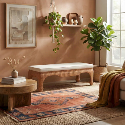 Bohemian Rattan Fabric-Upholstered Bench with Solid Mahogany Frame, Light Honey