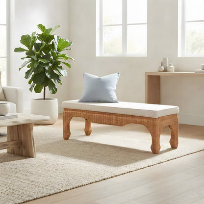 Bohemian Rattan Fabric-Upholstered Bench with Solid Mahogany Frame, Light Honey