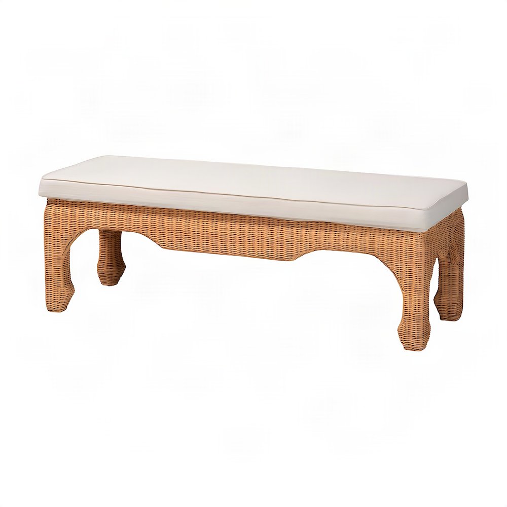 Bohemian Rattan Fabric-Upholstered Bench with Solid Mahogany Frame, Light Honey