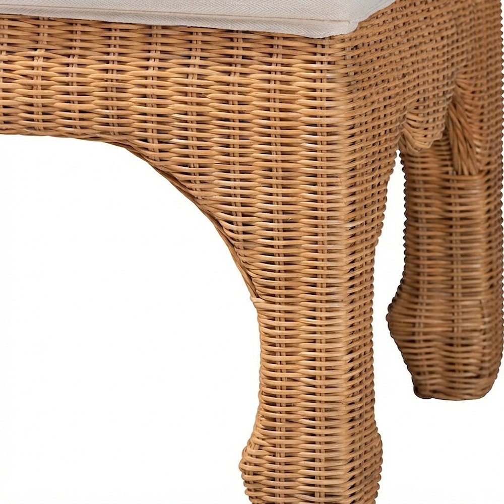 Bohemian Rattan Fabric-Upholstered Bench with Solid Mahogany Frame, Light Honey