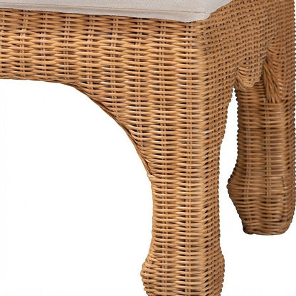 Bohemian Rattan Fabric-Upholstered Bench with Solid Mahogany Frame, Light Honey