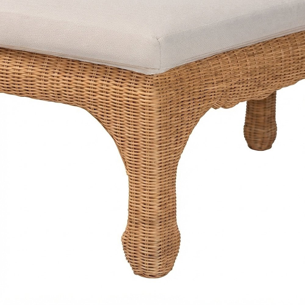 Bohemian Rattan Fabric-Upholstered Bench with Solid Mahogany Frame, Light Honey