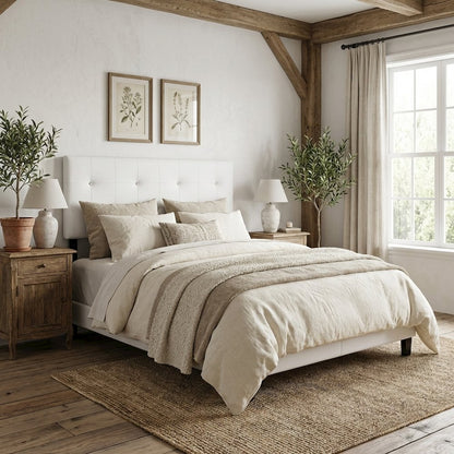 White Faux Leather Headboard Queen Size with PU Foam Padding and Wood Frame