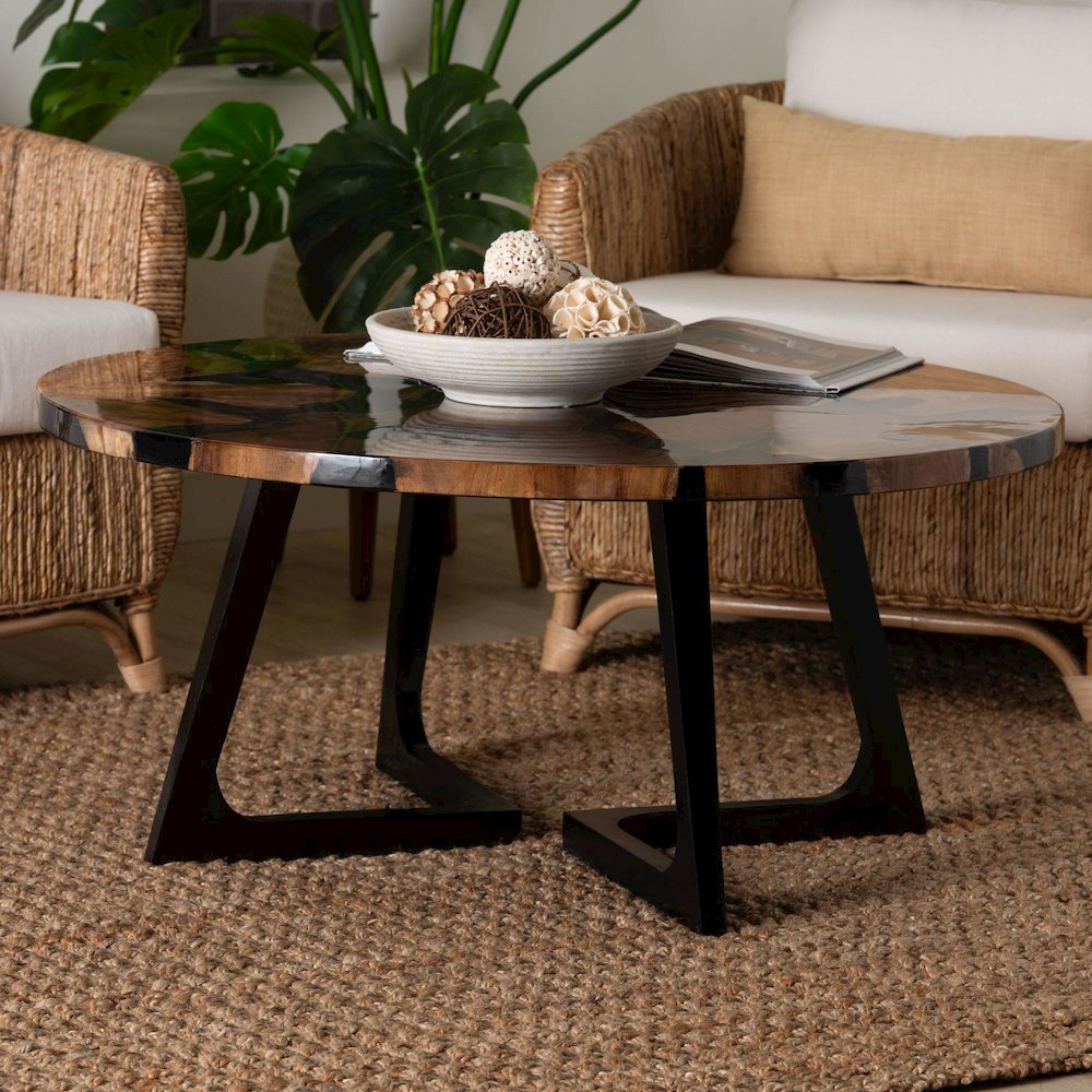 Agata Wood and Epoxy Resin Coffee Table - Handcrafted Live Edge Teak Accent