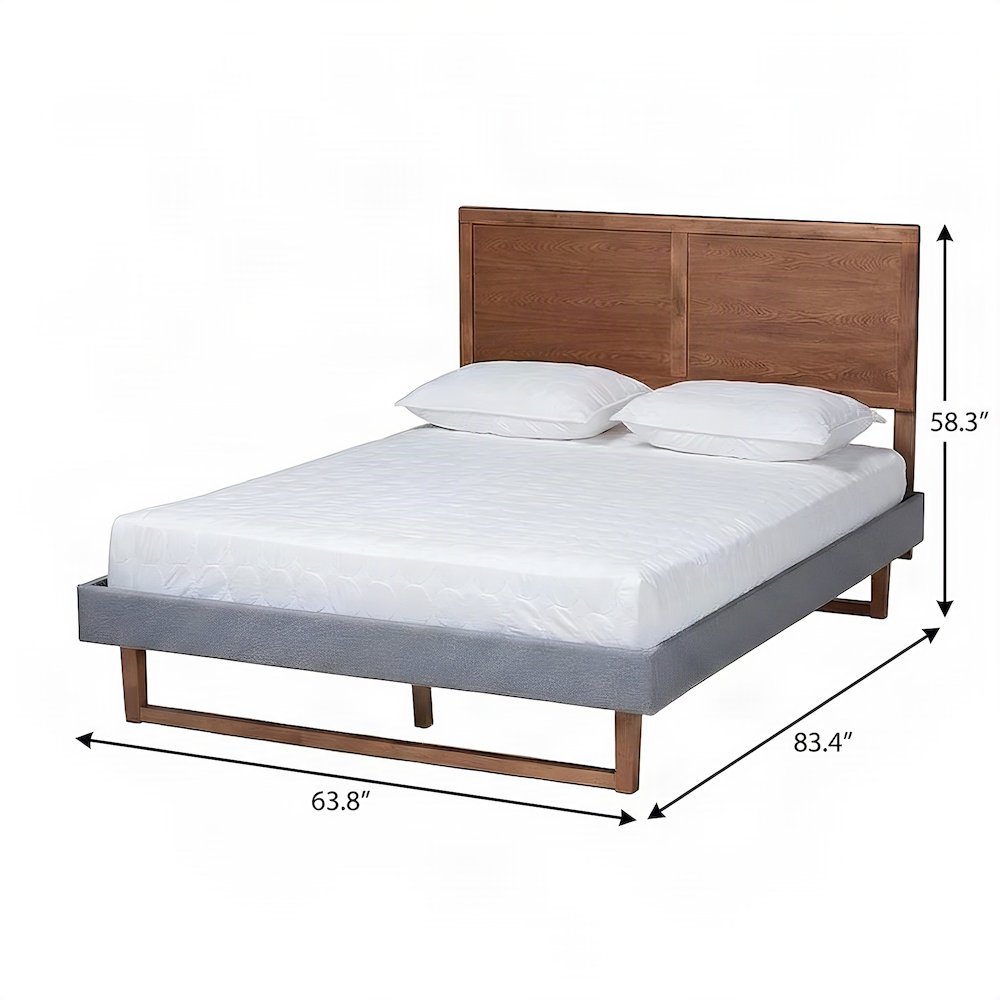 Queen Upholstered Platform Bed Frame with Linen Headboard, Dark Grey/Ash walnut