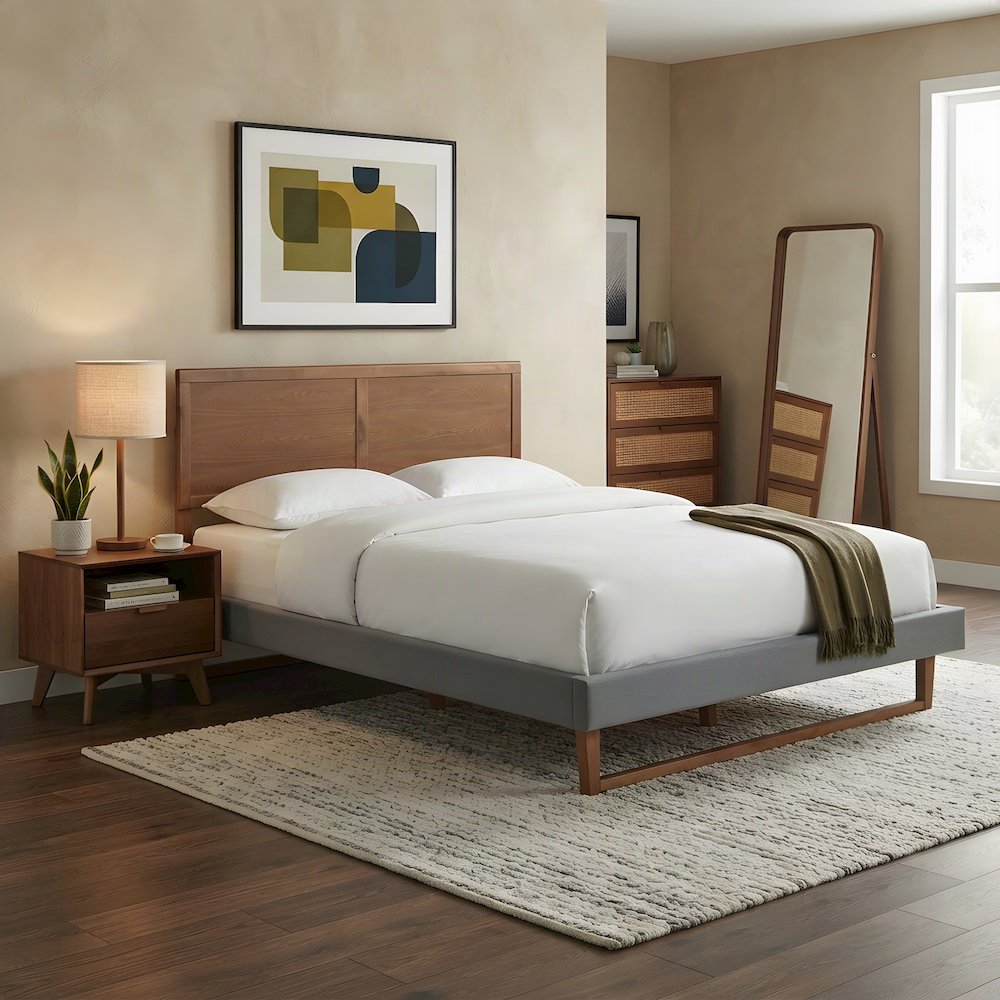 Queen Upholstered Platform Bed Frame with Linen Headboard, Dark Grey/Ash walnut