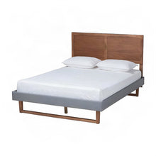 Queen Upholstered Platform Bed Frame with Linen Headboard, Dark Grey/Ash walnut