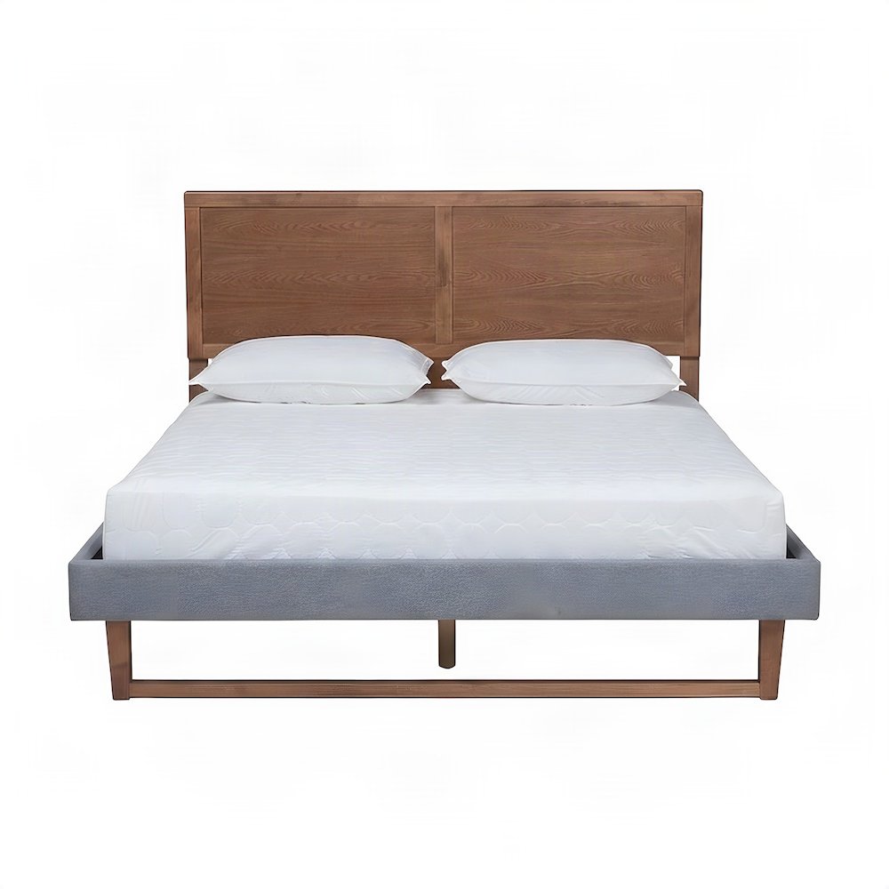 Queen Upholstered Platform Bed Frame with Linen Headboard, Dark Grey/Ash walnut