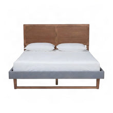 Queen Upholstered Platform Bed Frame with Linen Headboard, Dark Grey/Ash walnut
