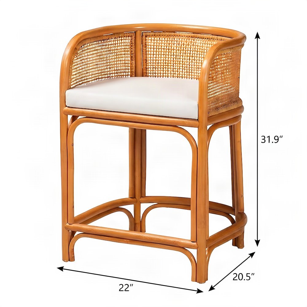 Rattan Counter Stool with Fabric-Upholstered Seat, Boho Barstool, Light Honey